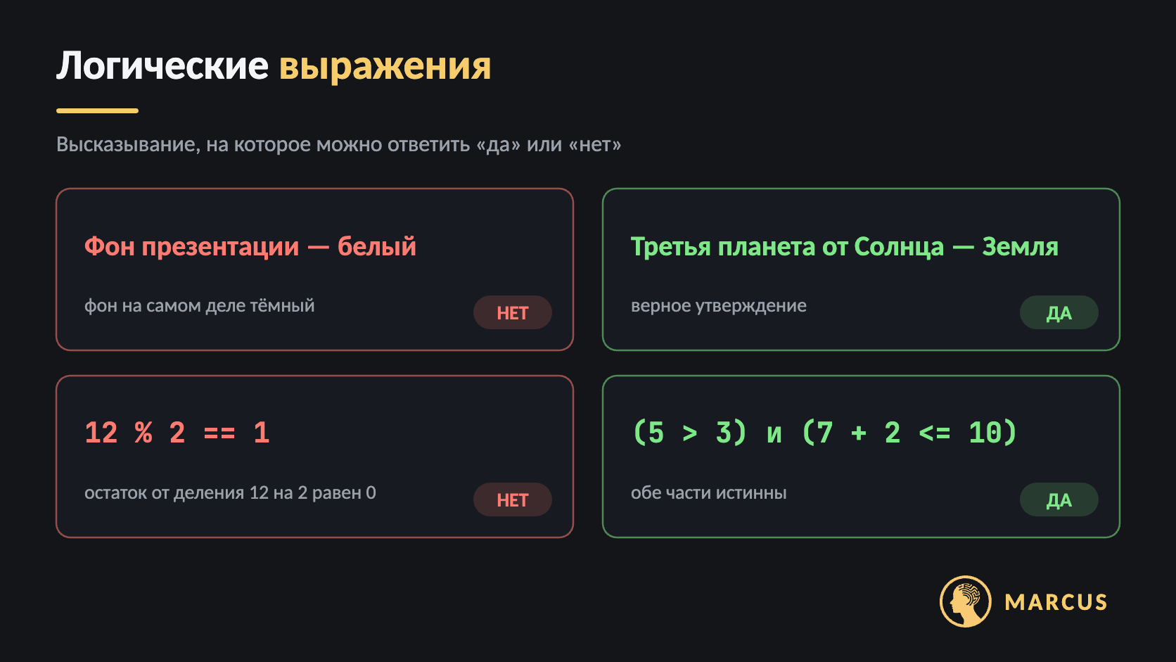 Четыре примера логических выражений: «Фон презентации — белый» — нет, «Третья планета от Солнца — Земля» — да, 12 % 2 == 1 — нет, (5 > 3) и (7 + 2 <= 10) — да.
