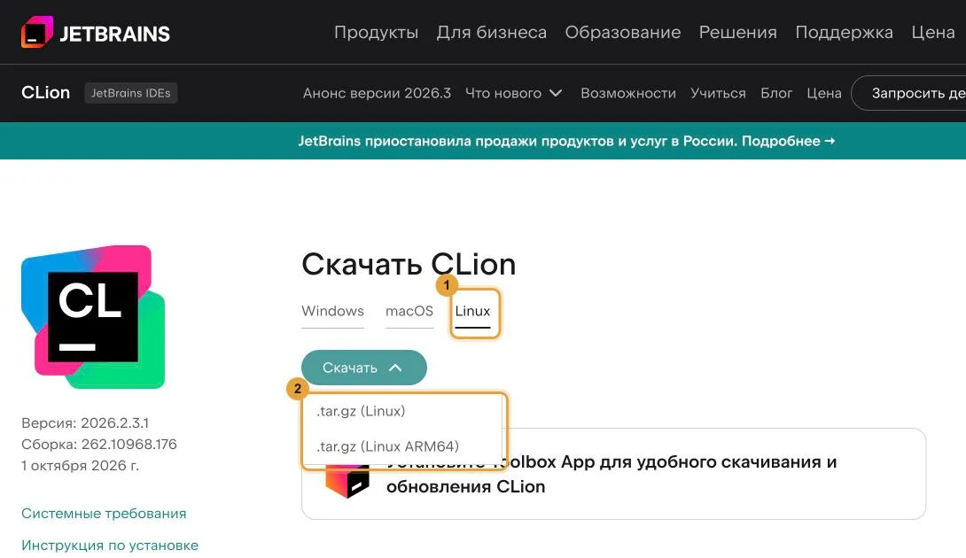 Страница загрузки CLion на русском языке: выбрана вкладка Linux, в меню кнопки «Скачать» варианты .tar.gz (Linux) и .tar.gz (Linux ARM64).