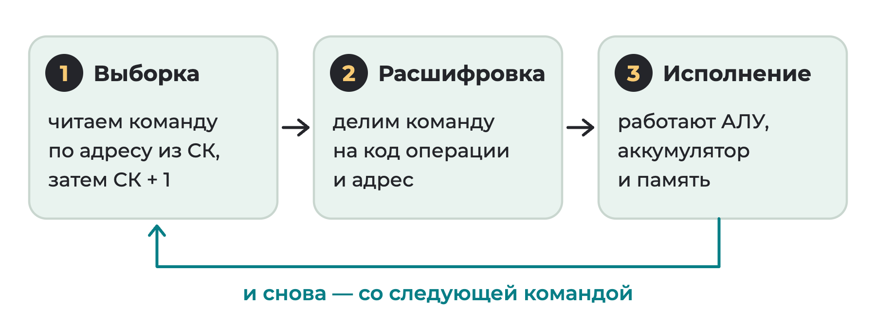Три шага по кругу: выборка, расшифровка, исполнение, после чего стрелка возвращается к выборке