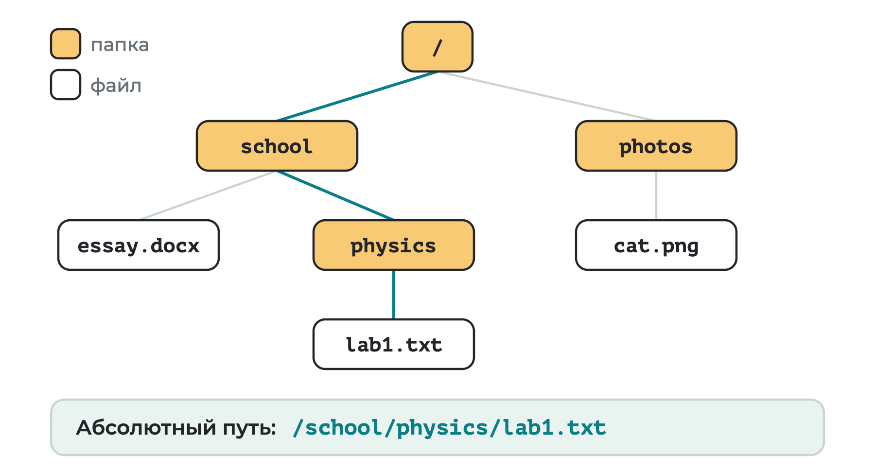 Дерево папок: в корне лежат папки school и photos, в school — файл essay.docx и папка physics с файлом lab1.txt, в photos — файл cat.png; выделен путь к lab1.txt