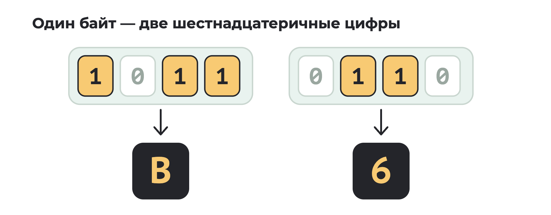 Байт 10110110 разбит на две четвёрки: 1011 превращается в B, 0110 — в 6
